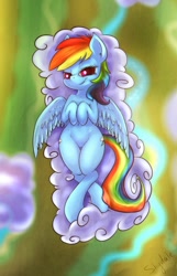 Size: 826x1280 | Tagged: safe, artist:notsafe2safeponies, artist:shydale edits, edit, imported from derpibooru, rainbow dash, pegasus, pony, atryl-ish, bedroom eyes, cloud, crossed legs, female, hips, looking at you, lying down, nudity, on a cloud, on back, raised eyebrow, river, sfw edit, smiling, smirk, solo, spread wings, style emulation, vertigo, wide hips, wings