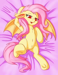 Size: 996x1280 | Tagged: dead source, safe, artist:fearingfun, artist:notsafe2safeponies, edit, imported from derpibooru, fluttershy, bat pony, pony, bat ponified, bed, bedroom eyes, belly button, cute, female, floppy ears, flutterbat, long tongue, open mouth, race swap, sfw edit, solo, tongue out, underhoof