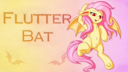 Size: 1902x1070 | Tagged: safe, artist:fearingfun, artist:notsafe2safeponies, edit, imported from derpibooru, fluttershy, bat pony, pony, bat ponified, bed, bedroom eyes, belly button, cute, female, floppy ears, flutterbat, long tongue, open mouth, race swap, sfw edit, solo, tongue out, underhoof, wallpaper, wallpaper edit