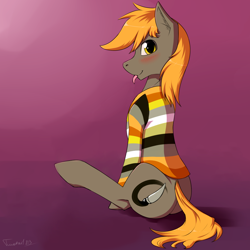 Size: 1024x1024 | Tagged: safe, artist:notsafe2safeponies, artist:twotail813, edit, imported from derpibooru, oc, oc only, oc:umber, earth pony, pony, blushing, looking at you, male, sfw edit, sitting, smiling, solo, spread legs, spreading, tongue out