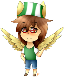 Size: 781x937 | Tagged: safe, artist:alithecat1989, imported from derpibooru, oc, oc only, oc:ferb fletcher, anthro, pegasus, chibi, clothes, glasses, hat, male, shirt, shorts, simple background, solo, tanktop, transparent background, undershirt, wings