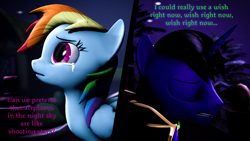 Size: 7680x4320 | Tagged: safe, artist:lagmanor, imported from derpibooru, rainbow dash, oc, oc:lagmanor amell, pegasus, pony, unicorn, 3d, absurd resolution, aeroplanes and meteor showers, airplanes (song), closed eye, clothes, crying, eyes closed, female, horn, looking up, male, mane, mare, meme, meme parody, night, night sky, pine tree, ponyville, sfm ponyville, shipping, sitting, sky, source filmmaker, stallion, standing, teary eyes, text, tree, wings