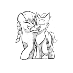 Size: 1280x1280 | Tagged: safe, artist:captainhoers, imported from derpibooru, oc, oc:stormwing breeze, oc:stormwing gale, oc:tectus ignis, changeling, pegasus, pony, black and white, female, grayscale, hug, interspecies, lesbian, mare, monochrome, not sunny starscout, shipping, sketch, winghug, wings