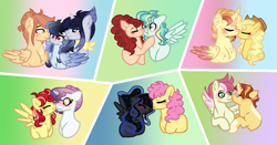 Size: 1217x637 | Tagged: safe, artist:xxcheerupxxx, imported from derpibooru, li'l cheese, oc, oc:afterglow warrior, oc:cj, oc:cloud blaze, oc:eclipsaris, oc:fruity sunrise, oc:mafisicant beauty, oc:raspberry pie, oc:smiley, oc:solariar moonshine, oc:summer spirit, oc:sunshine glimmer, oc:tiny chance, alicorn, pony, the last problem, alicorn oc, ascot, base used, blushing, ethereal mane, freckles, glasses, horn, kissing, oc x oc, offspring, offspring shipping, parent:applejack, parent:big macintosh, parent:caramel, parent:cheese sandwich, parent:flash sentry, parent:fluttershy, parent:king sombra, parent:pinkie pie, parent:princess luna, parent:rainbow dash, parent:rarity, parent:sky stinger, parent:soarin', parent:starlight glimmer, parent:sunburst, parent:thunderlane, parent:twilight sparkle, parent:vapor trail, parents:carajack, parents:cheesepie, parents:flashlight, parents:fluttermac, parents:lumbra, parents:rarilane, parents:soarindash, parents:starburst, parents:vaporsky, scar, shipping, starry mane, wings