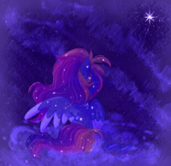 Size: 2388x2308 | Tagged: safe, artist:equmoria, imported from derpibooru, oc, oc only, pegasus, pony, cloud, goggles, high res, night, sitting, solo, stars