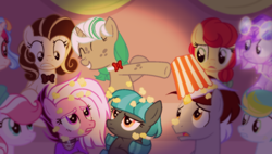 Size: 1266x720 | Tagged: safe, artist:equmoria, imported from derpibooru, oc, oc only, oc:archet vivace, oc:aurum, oc:charlotte, oc:diamond glitter, oc:hairstyle bun, oc:leah art, oc:lime breeze, oc:literal legend, oc:piano mint, oc:rolling sky, crystal pony, earth pony, pegasus, pony, unicorn, base used, bowtie, female, food, freckles, male, mare, popcorn, stallion