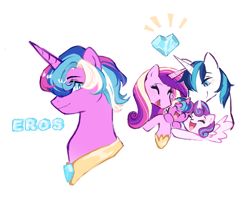 Size: 1118x892 | Tagged: safe, artist:kino-ta, imported from derpibooru, princess cadance, princess flurry heart, shining armor, oc, oc:eros, pony, unicorn, brother and sister, crystal heart, father and child, father and daughter, father and son, female, male, mother and child, mother and daughter, mother and son, offspring, open mouth, open smile, parent:princess cadance, parent:shining armor, parents:shiningcadance, shiningcadance, shipping, siblings, simple background, smiling, straight, white background