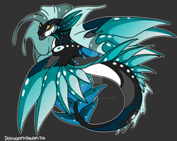 Size: 1024x820 | Tagged: safe, artist:donivanessdoodles, imported from derpibooru, oc, oc only, merpony, seapony (g4), deviantart watermark, dorsal fin, fin wings, fish tail, flowing mane, flowing tail, gray background, obtrusive watermark, simple background, smiling, solo, spread wings, tail, watermark, wings, yellow eyes