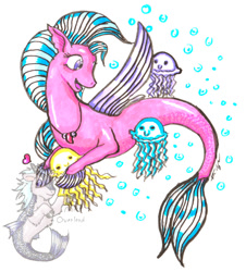 Size: 828x914 | Tagged: safe, artist:missoverlord, edit, imported from derpibooru, silverstream, jellyfish, seapony (g4), blue mane, bubble, dorsal fin, female, fin wings, fins, fish tail, flowing mane, heart, jewelry, logo, logo edit, necklace, open mouth, purple eyes, seapony silverstream, signature, simple background, smiling, solo, tail, wings