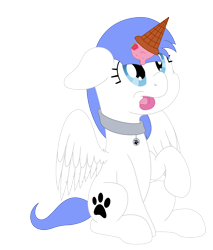 Size: 3400x4000 | Tagged: safe, artist:djdavid98, imported from derpibooru, oc, oc only, oc:snow pup, pegasus, pony, blue mane, collar, commission, cyan eyes, female, floppy ears, food, ice cream, ice cream cone, ice cream horn, looking up, raised leg, simple background, sitting, solo, solo female, spread wings, strawberry, tongue out, transparent background, white fur, wings, ych result