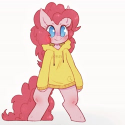 Size: 4096x4096 | Tagged: safe, artist:mclovin, imported from derpibooru, pinkie pie, anthro, earth pony, pony, semi-anthro, bean brows, beanbrows, bipedal, blushing, clothes, cute, diapinkes, eyebrows, female, hoodie, mare, no pupils, pac-man, simple background, smiling, solo, white background