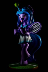 Size: 853x1280 | Tagged: source needed, safe, artist:chyvak, imported from derpibooru, izzy moonbow, semi-anthro, unicorn, ball, bipedal, clothes, dark background, g5, horn, horn impalement, hornball, izzy's tennis ball, skirt, solo, tennis ball, tennis racket