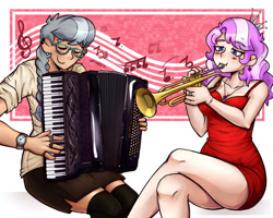 Size: 1280x1024 | Tagged: safe, artist:wiloptik, imported from derpibooru, diamond tiara, silver spoon, human, accordion, breasts, cleavage, clothes, eyes closed, female, humanized, jewelry, lesbian, music notes, musical instrument, shipping, silvertiara, socks, thigh highs, trumpet, zettai ryouiki