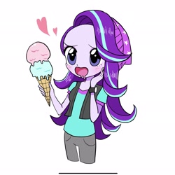 Size: 2051x2047 | Tagged: safe, artist:glitterrrrr, imported from derpibooru, starlight glimmer, human, equestria girls, mirror magic, spoiler:eqg specials, beanie, clothes, drool, floating heart, food, forehead, hat, heart, high res, ice cream, open mouth, simple background, solo, white background