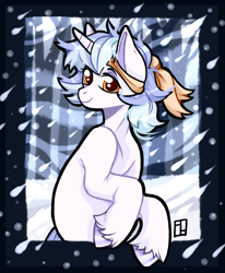 Size: 1600x1941 | Tagged: safe, artist:harald_horfager, imported from twibooru, oc, oc only, oc:snow sprinkle, pony, unicorn, artfight, colored hooves, female, forest, forest background, headband, image, looking at you, mare, png, smiling, smiling at you, snow, snowfall, solo, tree, unshorn fetlocks, wind, winter