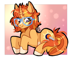 Size: 2400x2000 | Tagged: safe, artist:harald_horfager, imported from twibooru, oc, oc only, oc:sundancer, pony, unicorn, abstract background, artfight, female, glasses, image, mare, markings, png, prone, simple background, smiling, solo, transparent background