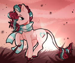 Size: 2400x2000 | Tagged: safe, artist:harald_horfager, imported from twibooru, oc, oc:painted heart, pony, unicorn, artfight, clothes, cloud, colored hooves, curved horn, female, grass, horn, image, leonine tail, looking at you, mare, markings, one hoof raised, png, scarf, smiling, smiling at you, solo