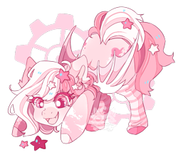 Size: 751x664 | Tagged: safe, artist:flufflymacaron, imported from twibooru, oc, oc only, oc:taffy, bat pony, pony, artfight, ass up, clothes, colored hooves, colored pupils, eye clipping through hair, eyebrows visible through hair, face down ass up, fangs, female, gears, happy, heart, heart eyes, image, looking down, mare, markings, open mouth, png, simple background, smiling, socks, stars, transparent background, wingding eyes