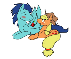 Size: 385x324 | Tagged: safe, artist:moonstruck-badger, imported from derpibooru, applejack, soarin', earth pony, pegasus, pony, applejack's hat, blushing, cowboy hat, cropped, crossed hooves, eyes closed, female, flower, flower in mouth, hat, lying down, male, mare, mouth hold, prone, rose, rose in mouth, shipping, simple background, soarinjack, stallion, straight, white background