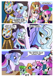 Size: 2100x3000 | Tagged: safe, artist:loryska, edit, editor:skybrook, trixie, oc, oc only, oc:clarabelle, oc:conundrum solar flare, oc:plumeria, earth pony, hybrid, pegasus, pony, zony, comic:friendship grows, clothes, comic, female, magic, mare, offspring, parent:quibble pants, parent:rainbow dash, parents:quibbledash, roulette, scroll