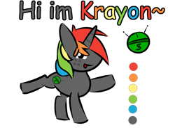 Size: 1661x1245 | Tagged: artist needed, source needed, safe, imported from derpibooru, oc, oc only, oc:krayon, pony, unicorn, cutie mark, dollar sign, freckles, horn, introduction, looking at you, male, multicolored hair, rainbow hair, raised hoof, reference sheet, simple background, smiling, smiling at you, solo, talking to viewer, transparent background, waving at you