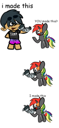 Size: 680x1483 | Tagged: safe, imported from derpibooru, oc, oc:krayon, oc:sleepy goodnight, human, pony, unicorn, bags under eyes, black hair, clothes, cutie mark, dialogue, holding a pony, i made this, looking at you, meme, multicolored hair, multiple characters, onomatopoeia, rainbow hair, shirt, shorts, sleeping, sound effects, tired, zzz