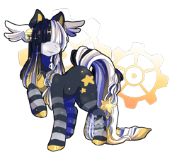 Size: 735x649 | Tagged: safe, artist:flufflymacaron, imported from twibooru, oc, oc only, oc:belle, earth pony, pony, artfight, bell, braid, colored hooves, female, gears, hair over eyes, image, mare, markings, one hoof raised, png, simple background, smiling, sparkles, standing, stars, stripes, transparent background, wings, wings on head