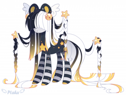 Size: 700x528 | Tagged: safe, artist:skittlemilk, imported from twibooru, oc, oc only, oc:belle, earth pony, pony, bell, colored hooves, female, hair over eyes, image, long hair, mare, markings, png, simple background, sparkles, standing, stars, stripes, white background, wings, wings on head