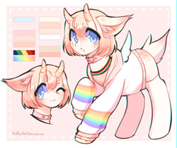 Size: 1500x1254 | Tagged: safe, artist:mivaran, imported from twibooru, oc, oc only, oc:fay, pony, :o, abstract background, bust, clothes, collar, colored pupils, cute, ear fluff, eye clipping through hair, eyebrows visible through hair, female, head, heart, horns, image, jacket, looking at you, mare, markings, needs more jpeg, one eye closed, one hoof raised, open mouth, rainbow, reference sheet, short tail, smiling, smiling at you, socks, spots, unshorn fetlocks, wings, wink, winking at you