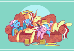 Size: 650x448 | Tagged: safe, artist:goatsocks, imported from derpibooru, aloe, flam, flim, lotus blossom, couch, double barreled shipping, female, flim flam brothers, flim skim, male, pony pile, shipping, sleeping, spa twins, straight