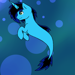 Size: 1200x1200 | Tagged: safe, artist:greenskye26, imported from derpibooru, oc, oc only, pony, seapony (g4), unicorn, blue background, blue mane, bubble, fish tail, flowing mane, flowing tail, green eyes, horn, ocean, seaponified, simple background, solo, species swap, swimming, tail, underwater, water