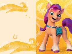 Size: 1600x1200 | Tagged: safe, imported from derpibooru, sunny starscout, earth pony, pony, abstract background, bag, book, female, g5, mare, my little pony: a new generation, official, open mouth, ponies unite, solo, volumetric mouth