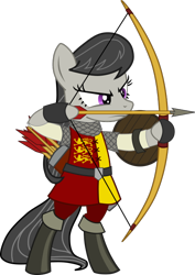 Size: 504x710 | Tagged: safe, artist:cinder vel, imported from derpibooru, octavia melody, earth pony, pony, archer, archery, bipedal, bow (weapon), dexterous hooves, england, simple background, solo, transparent background