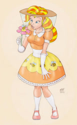 Size: 614x1000 | Tagged: safe, artist:dustbunnypictures, imported from derpibooru, bumblesweet, human, clothes, dress, female, flower, gloves, humanized, long gloves, orange background, signature, simple background, solo