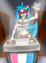 Size: 868x1200 | Tagged: safe, artist:dustbunnypictures, imported from derpibooru, dj pon-3, vinyl scratch, human, clothes, evening gloves, female, fingerless elbow gloves, fingerless gloves, gloves, glowstick, horn, horned humanization, humanized, indoors, long gloves, midriff, smiling, solo, sunglasses, turntable