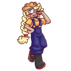 Size: 1003x1003 | Tagged: safe, artist:pinqqbones, imported from derpibooru, applejack, human, alternate hairstyle, applejack's hat, blood, blushing, boots, clothes, cowboy hat, female, grin, hat, humanized, one eye closed, overalls, shirt, shoes, simple background, smiling, solo, t-shirt, white background, wink