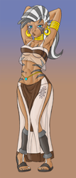 Size: 856x2000 | Tagged: safe, alternate version, artist:dustbunnypictures, imported from derpibooru, zecora, human, abstract background, arm behind head, armpits, clothes, dark skin, ear piercing, earring, female, humanized, jewelry, midriff, neck rings, pants, piercing, sandals, solo, tattoo