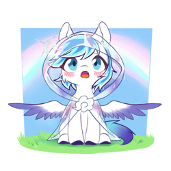 Size: 1000x1000 | Tagged: artist needed, source needed, safe, imported from derpibooru, oc, oc only, oc:canicula, pegasus, pony, :o, cute, grass, open mouth, rainbow, raincoat, solo, wings