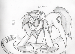 Size: 600x430 | Tagged: safe, artist:srmario, imported from derpibooru, dj pon-3, vinyl scratch, pony, unicorn, female, grayscale, grin, headphones, horn, lineart, mare, monochrome, signature, smiling, solo, sunglasses, traditional art, turntable