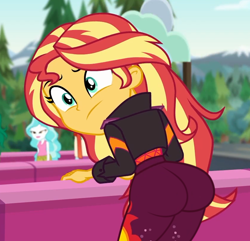Size: 842x813 | Tagged: safe, artist:wanderingeditor, edit, edited screencap, imported from derpibooru, screencap, paisley, sunset shimmer, equestria girls, equestria girls series, sunset's backstage pass!, spoiler:eqg series (season 2), ass, barrier, bent over, bunset shimmer, butt, butt edit, clothes, cropped, female, jacket, large butt, music festival outfit, outdoors, show accurate, show accurate porn, solo