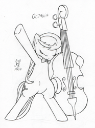 Size: 450x604 | Tagged: safe, artist:srmario, imported from derpibooru, octavia melody, earth pony, pony, bipedal, bowtie, cello, eyes closed, featureless crotch, female, grayscale, lineart, mare, monochrome, musical instrument, raised hoof, signature, solo, traditional art, underhoof