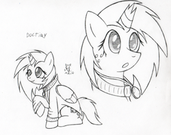Size: 550x433 | Tagged: safe, artist:srmario, imported from derpibooru, oc, oc only, oc:doctiry, alicorn, pony, :o, alicorn oc, broken horn, clothes, duo, female, freckles, grayscale, horn, lineart, mare, monochrome, open mouth, raised hoof, signature, smiling, traditional art, wings