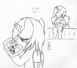 Size: 550x483 | Tagged: safe, artist:srmario, imported from derpibooru, oc, oc:doctiry, alicorn, pony, alicorn oc, broken horn, bust, crying, duo, female, freckles, grayscale, horn, lineart, mare, monochrome, signature, sitting, traditional art, wings