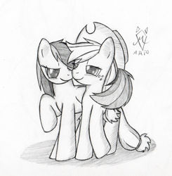 Size: 450x459 | Tagged: safe, artist:srmario, imported from derpibooru, applejack, rainbow dash, earth pony, pegasus, pony, appledash, female, freckles, grayscale, hat, lesbian, lineart, mare, monochrome, raised hoof, shipping, signature, smiling, traditional art, wings