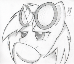 Size: 550x474 | Tagged: safe, artist:srmario, imported from derpibooru, dj pon-3, vinyl scratch, pony, unicorn, bust, female, grayscale, lineart, mare, monochrome, signature, smiling, solo, sunglasses, thinking, traditional art