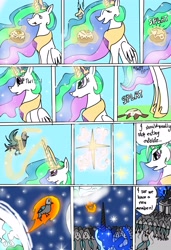 Size: 3272x4792 | Tagged: safe, artist:goldlines005, imported from derpibooru, nightmare moon, princess celestia, bird, pigeon, pony, banished to the moon, comic, dialogue, female, glowing horn, horn, jewelry, magic, mare, night, peytral, space, stars, telekinesis, tiara, to the moon