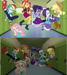 Size: 1280x1428 | Tagged: safe, artist:dashex18, edit, edited screencap, imported from derpibooru, imported from ponybooru, screencap, applejack, fluttershy, rainbow dash, rarity, sci-twi, sunset shimmer, twilight sparkle, do it for the ponygram!, equestria girls, equestria girls series, spoiler:eqg series (season 2), 3d, boots, clothes, comparison, converse, cowboy hat, cutie mark, hat, jumping, rarity peplum dress, recreation, remake, scared, shoes, source filmmaker