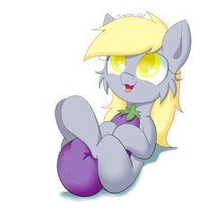 Size: 1080x1080 | Tagged: safe, artist:fajnyziomal, imported from derpibooru, derpy hooves, pegasus, pony, aubergine, blank flank, cheek fluff, cute, derpabetes, eggplant, female, food, happy, mare, open mouth, open smile, plushie, smiling, solo