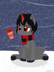 Size: 1560x2080 | Tagged: safe, artist:sefastpone, imported from derpibooru, oc, oc only, oc:ada, pony, unicorn, clothes, coffee cup, cup, d'lirium, digital art, female, magic, mare, red eyes, relaxed, scarf, simple background, sitting, snow, solo, telekinesis, winter