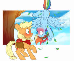 Size: 3757x3124 | Tagged: safe, artist:chub-wub, imported from derpibooru, applejack, rainbow dash, earth pony, pegasus, pony, apple, apple tree, appledash, bandana, blushing, duo, female, first meeting, food, goggles, high res, leaves, lesbian, meeting, missing accessory, raised hoof, shipping, teenager, tree, upside down, younger